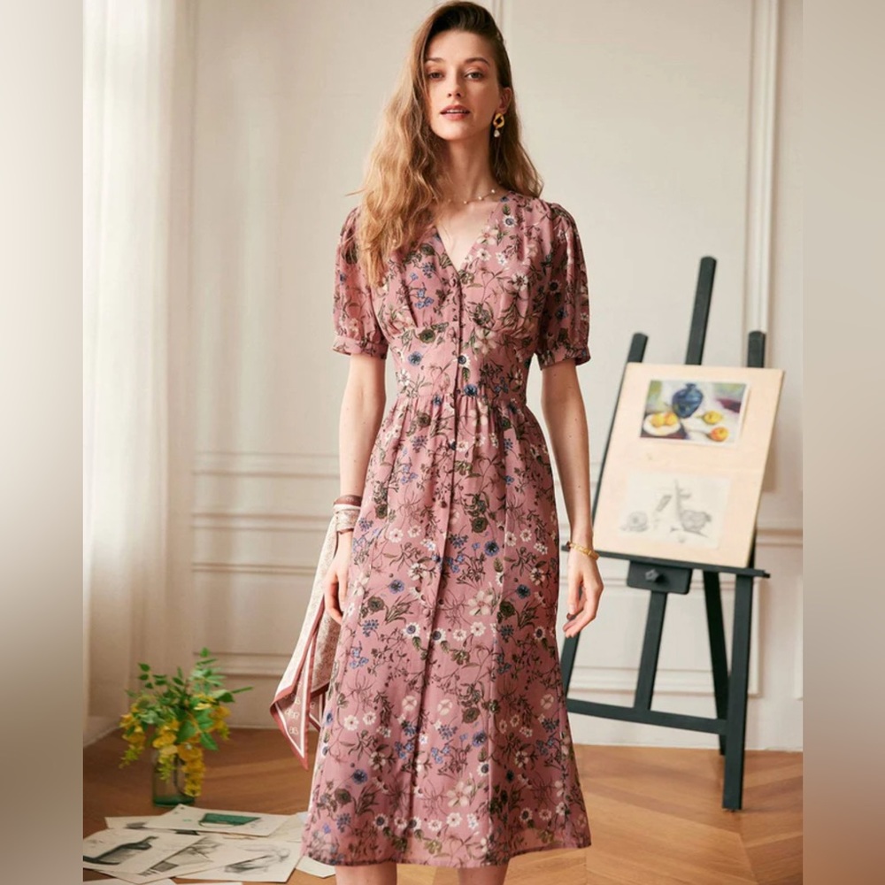 Rihoas: The V Neck Puff Sleeve Retro Midi Dress